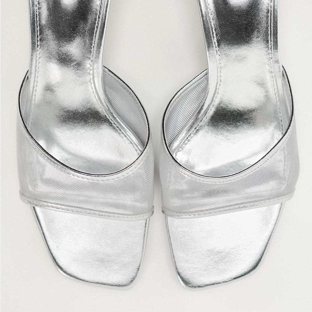 Zara silver metallic mesh heeded slides/mules